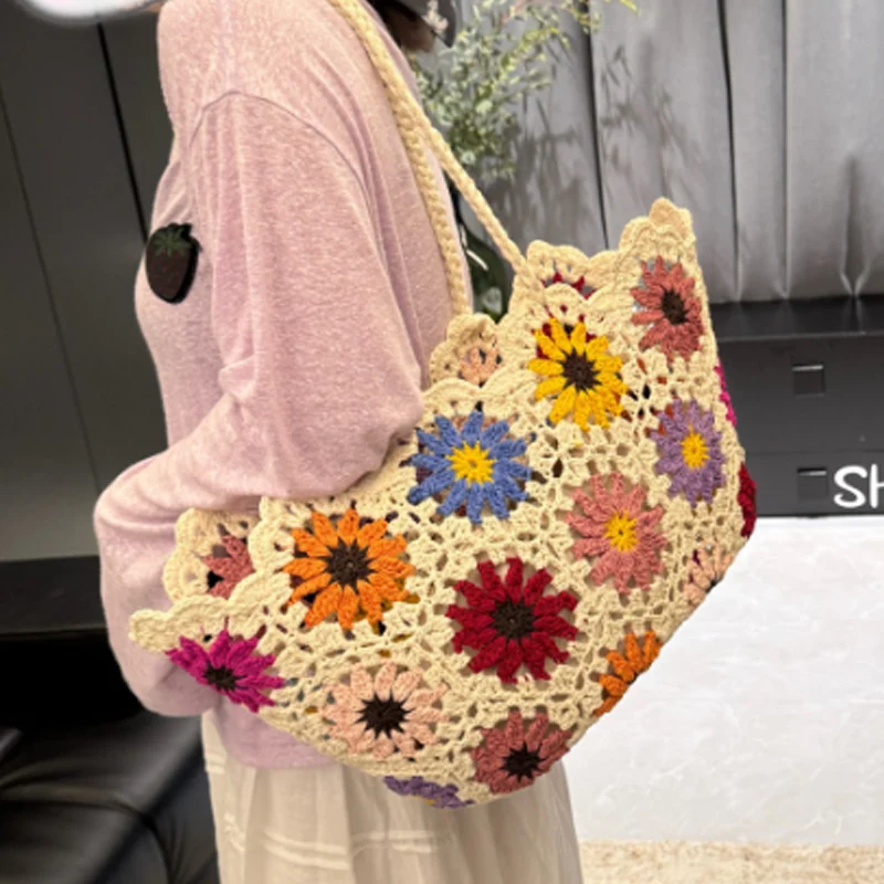 

New Vintage Flowers Handmade Knitting Crochet Shoulder Bag Knitted Handbags Luxury Tote Women Designer Female Hand Bag