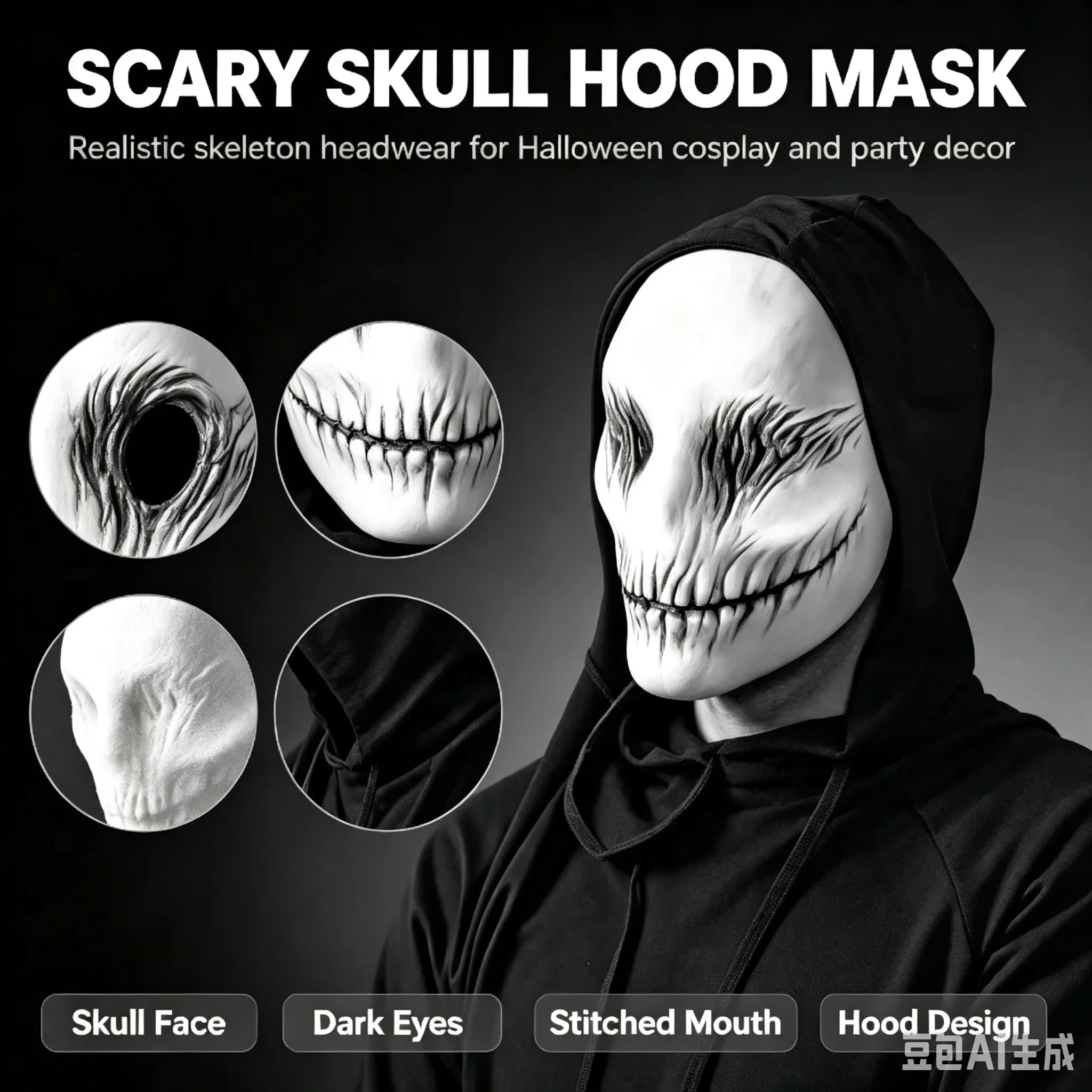 Maschera a forma di teschio realistica, resistente e durevole, che copre l’intera testa, accessorio spaventoso per cosplay di Halloween, ideale per feste e case infestate.