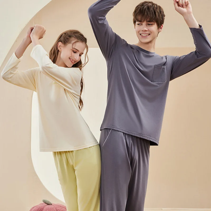 Modal Cotton Couple Pajamas Set Nightwear Simple Solid Color Long Sleeved Home Wear Women's Spring Autumn Round Necks Sleepwear