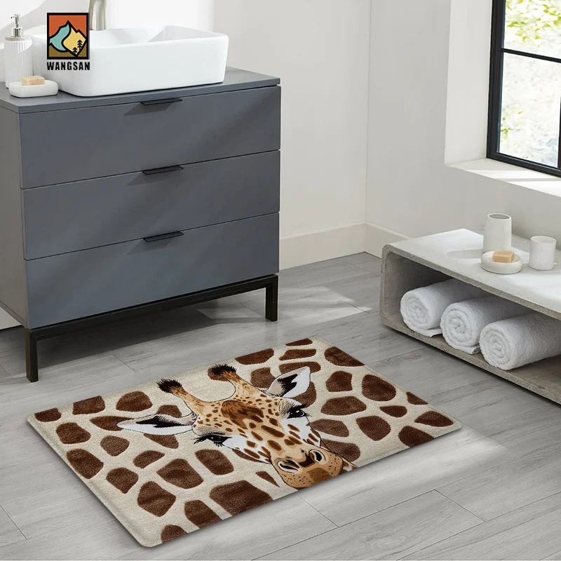 1pc 2D Flat Giraffe Face Animal Print Flannel Bath Mat Non Slip Safari Kids Rug For Bathroom Nursery Floor Decor