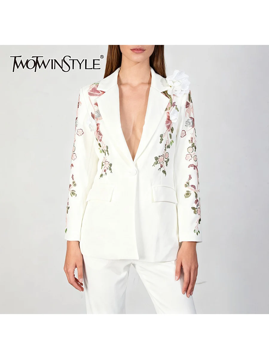 

TWOTWINSTYLE, однотонные элегантные блейзеры с блестками для женщин, туника с лацканами и длинными рукавами, лоскутный пиджак с 3D цветами, женская одежда