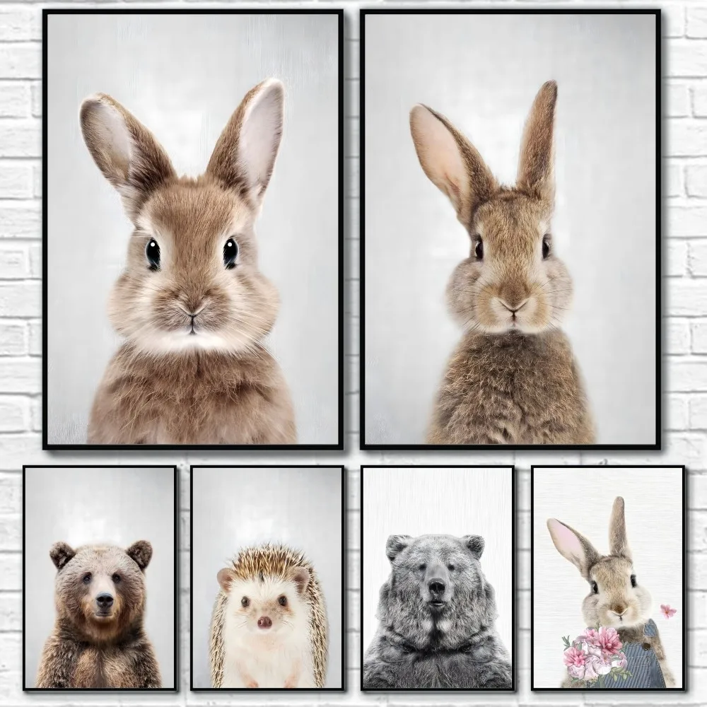 

Cute Animal Rabbit Fox Bear Poster Sticky Wall Art Printing Waterproof Home Living Bed Room Bar Aesthetic Decor
