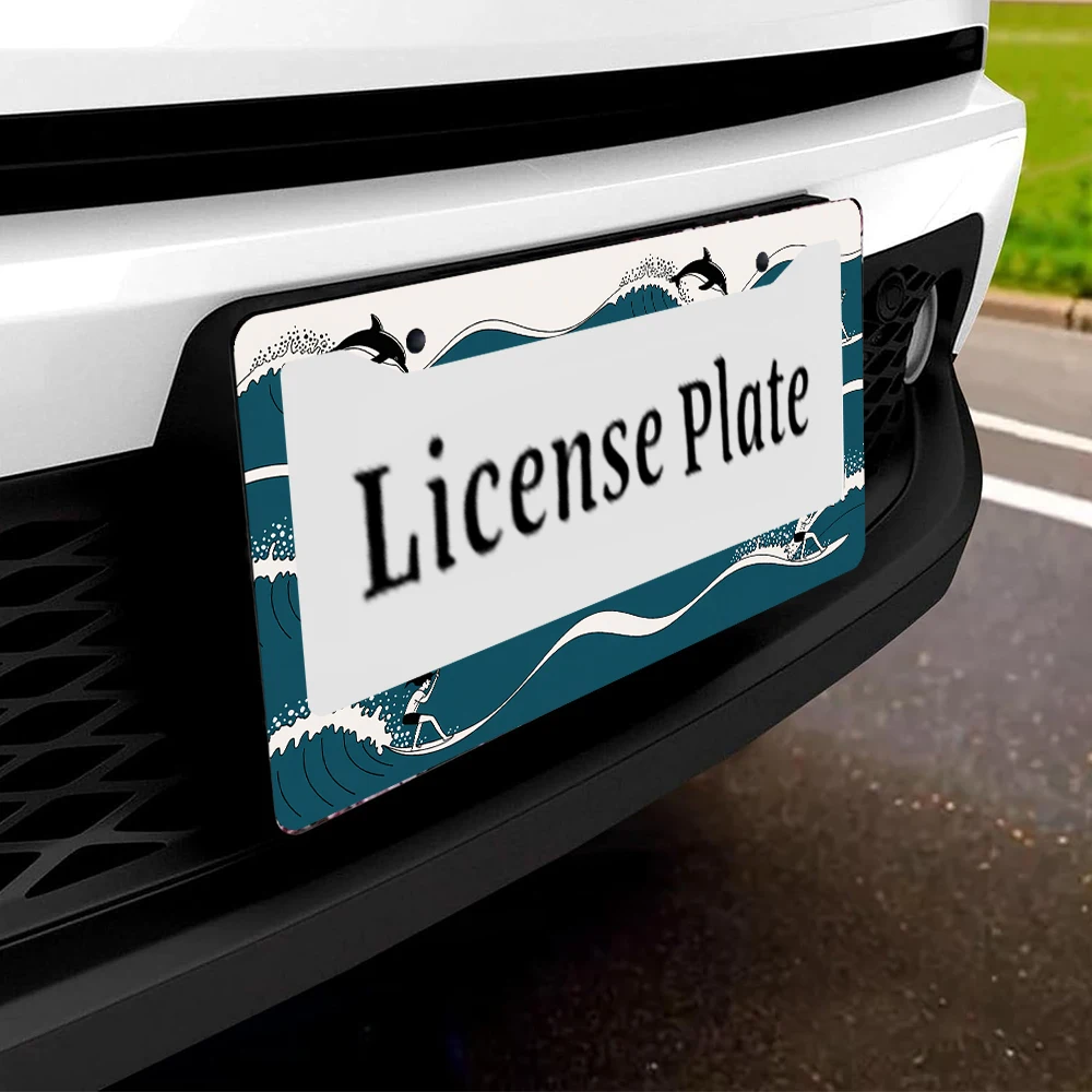 1pc azul surf golfinhos padrão 2 furos quadro da placa de licença, material de alumínio, 6x12 polegadas com kit de parafusos, carro retro novidade