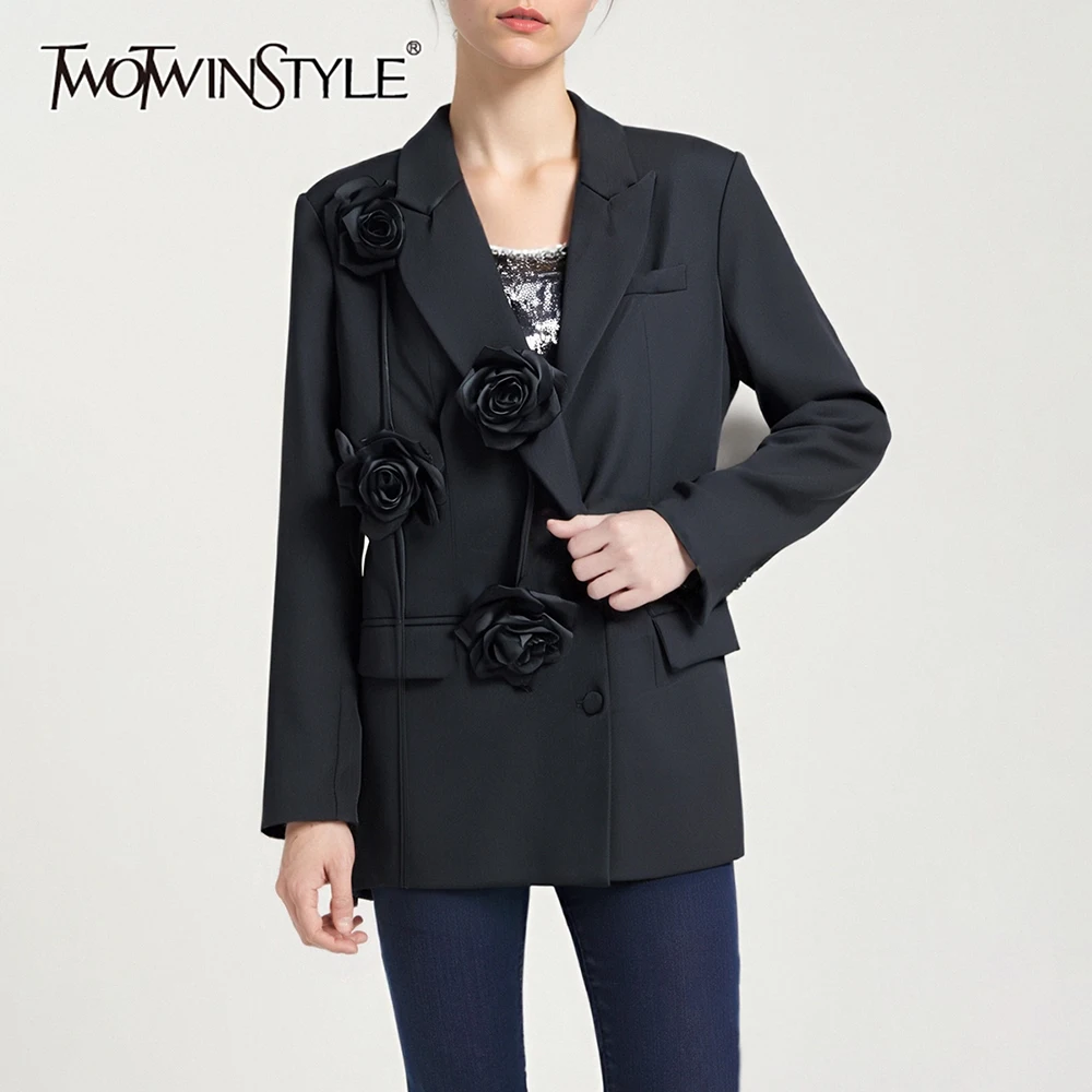 

TWOTWINSTYLE Solid Spliced 3D Flowers Jacket Female Lapel Long Sleeve Loose Office Lady Women's Jackets Autumn Style New Fashion