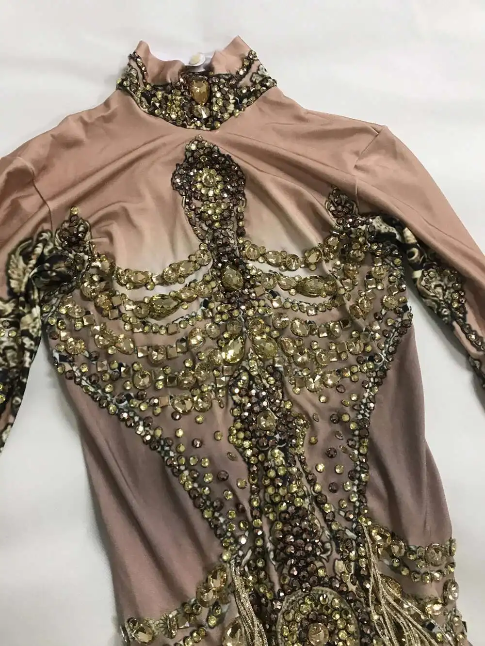 Gold Rhinestone Bodysuits Women Fringe Birthday Party Shinning Long Sleeve Tassel Dancer Gogo DJ Sparkle Drag Queen Stage Wear