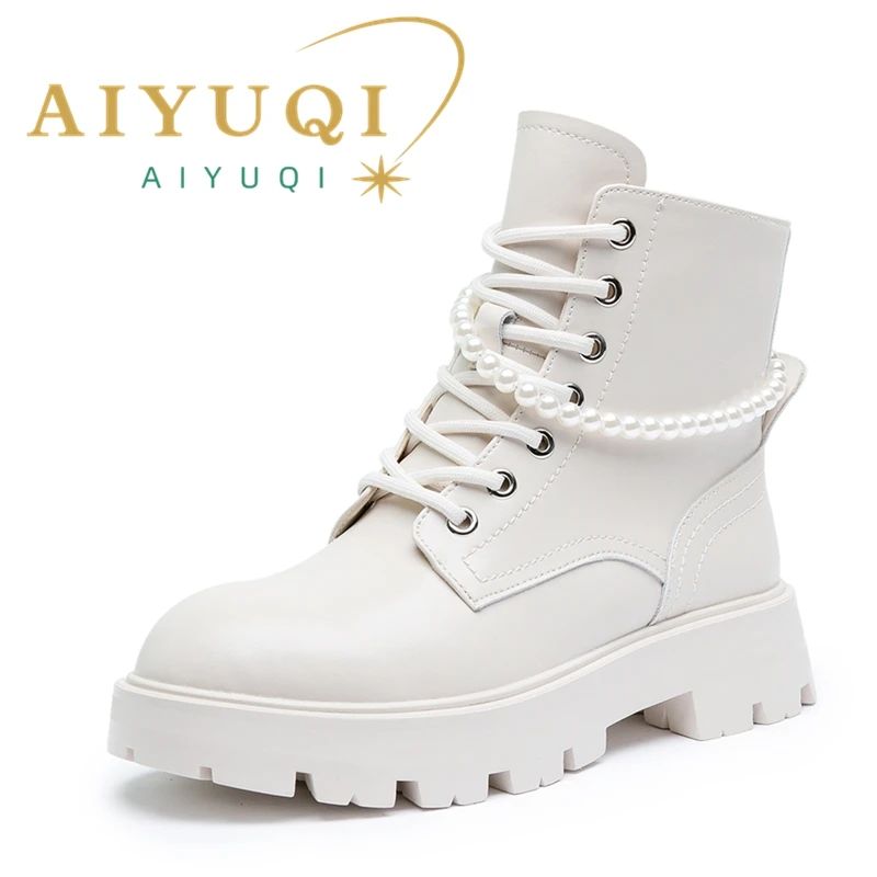 AIYUQI Women's Ankle Boots Winter Large Size 41 42 Genuine Leather Fashion Beaded Women Short Boots Fur Warm Women's Booties