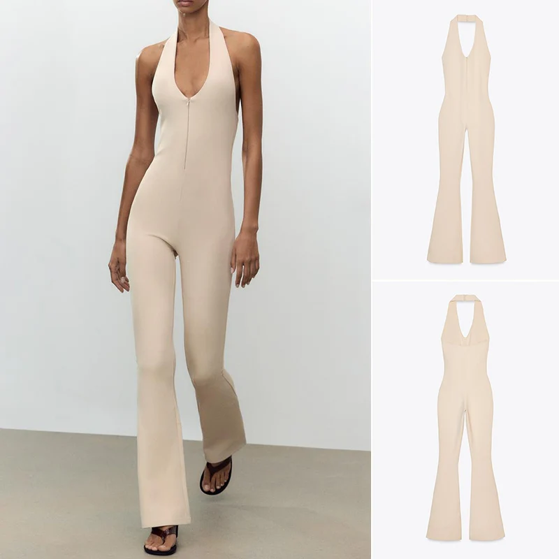 

Summer New Women's Design Double-sided Fabric Hanging Ne Long Bell Bot Jumpsuit High Waist Straight Leg Pants