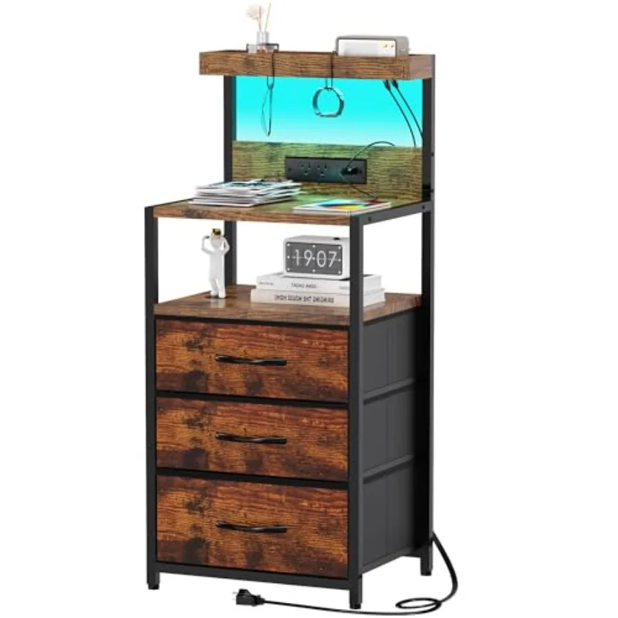 

Nightstand Dresser Nightstand with Charging Station 3 Drawers Night Stand with Storage and LED Lights 3 Shelves and Hooks End S