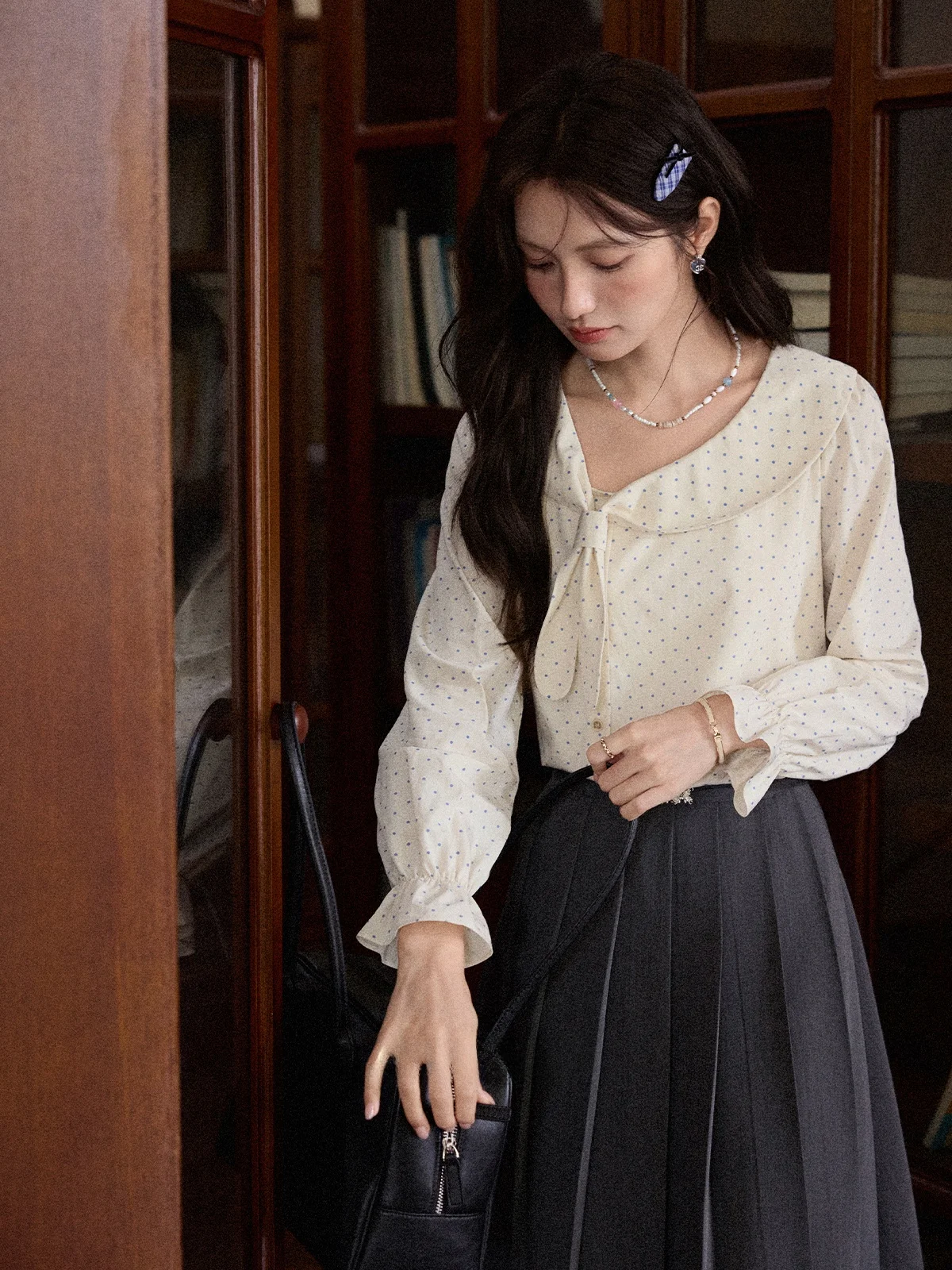 

Loose Long Sve irt Women's Pastel Peach Polka Dot Casual Sle Commute Top New Autumn Faion