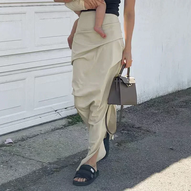 

Y2k White Front Ruffle Drawstring Casual Long Skirts Women Back Streetwear With Pockets Low Waist Loose Preppy Cargo Skirt