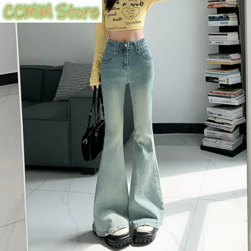

Light Blue Flare Jeans Women Vintage Denim Long Jeans Female Slim Bell Bottom Jeans Korean Style High Waisted