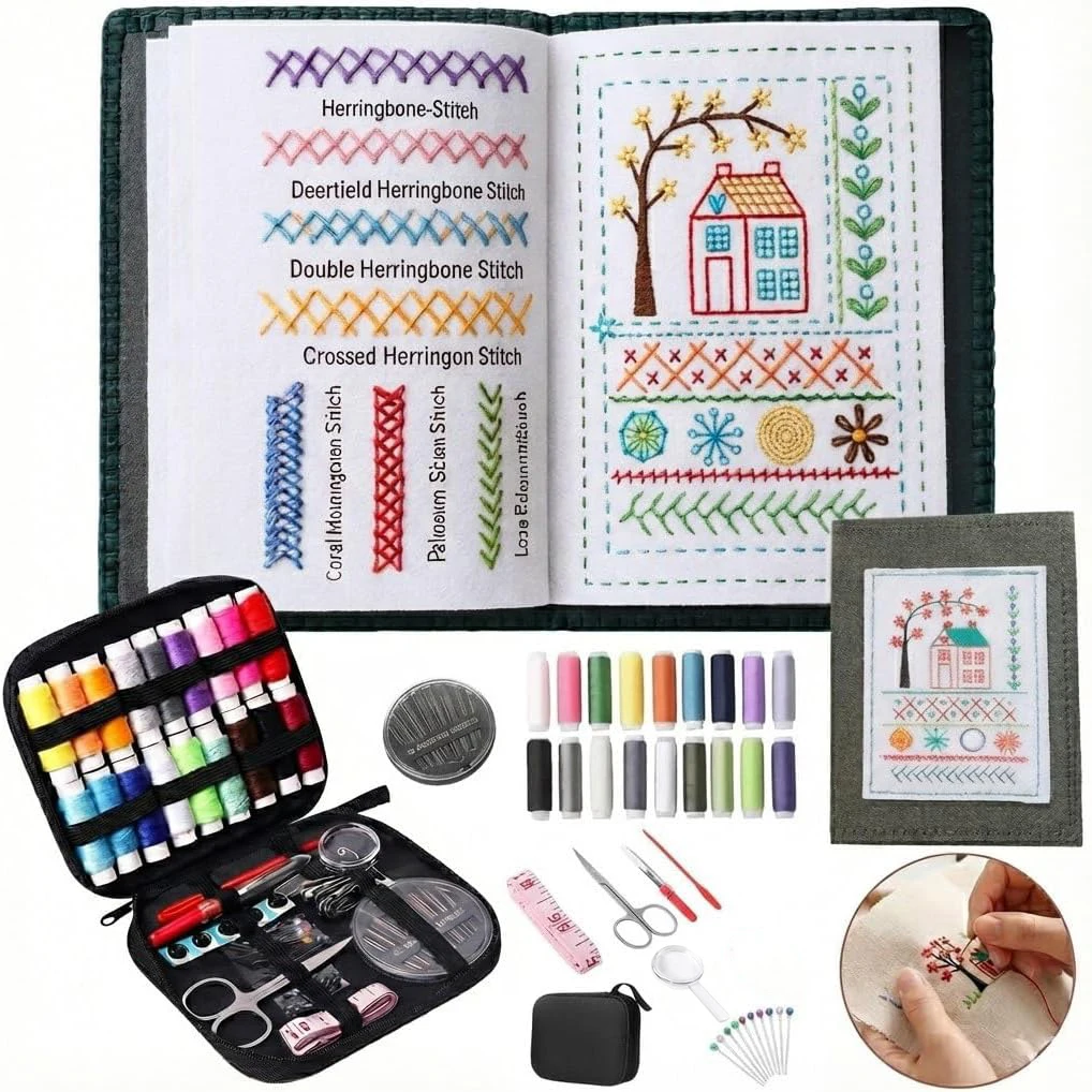 Complete Embroidery Learning Set Stitch Guide Book Assorted Threads Scissors Needles and Tutorial for Home Travel and Gift Use
