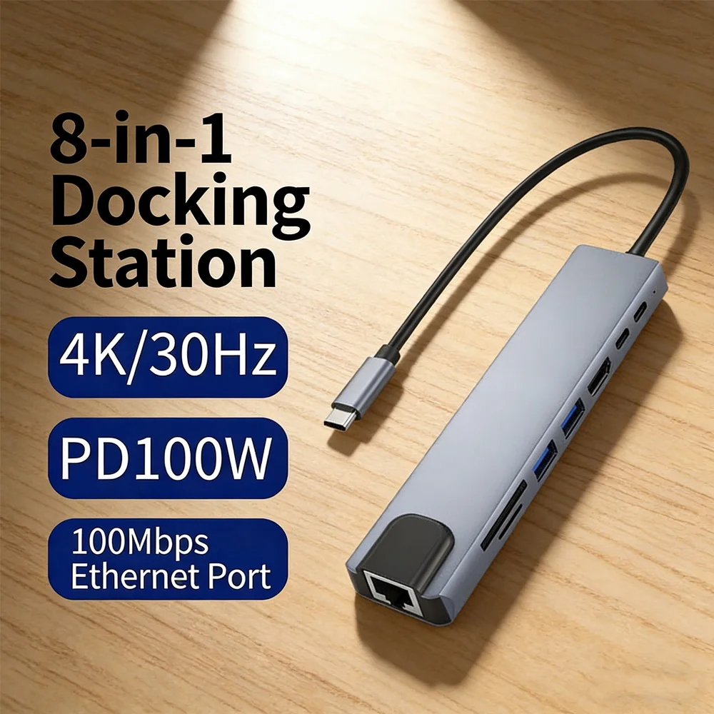 

Док-станция USB-C 8-в-1 – 4K HDMI, быстрая зарядка 100 Вт PD, Gigabit Ethernet, 2xUSB, кардридер SD/TF (совместимость с ноутбуками)