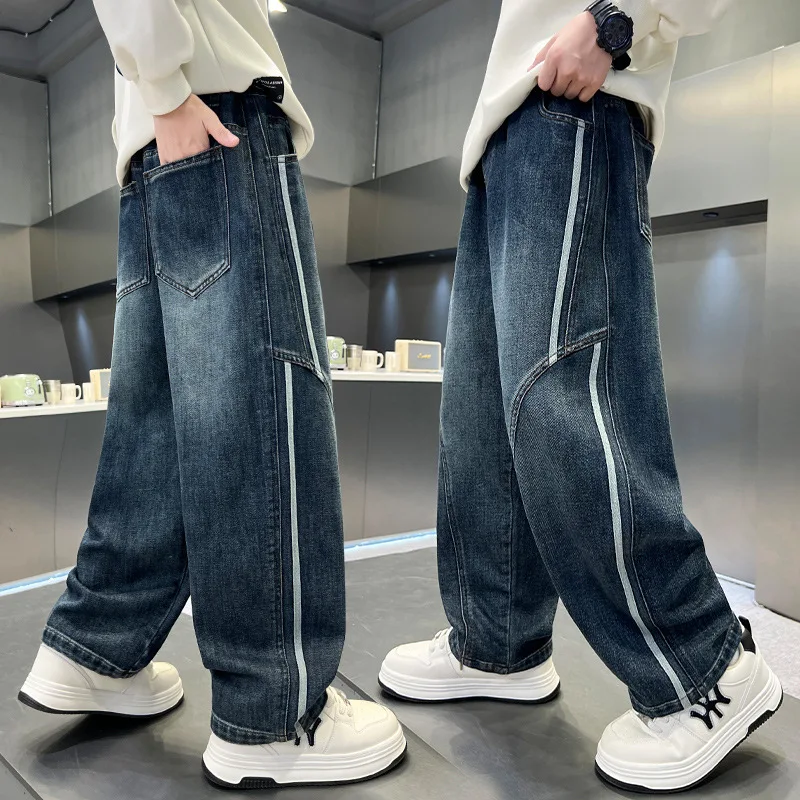 

﻿ High Quality Boys Baggy Jeans with Side Stripes Patchwork For Kids Hip Hop Streetwear Trousers Outdoor Child Denim Pants ﻿