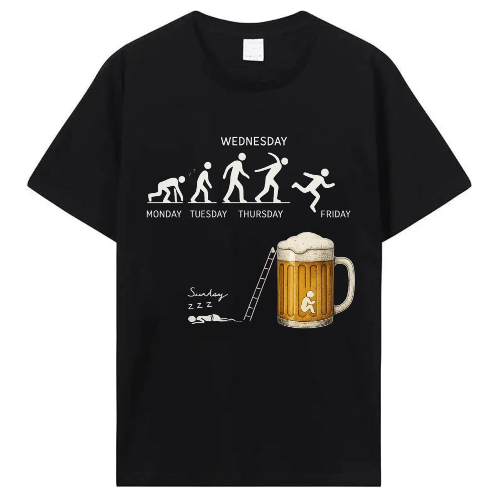 Week Evolution Jump Beer Mug Cartoon Cotton Men T-shirt Stick Figure Weekly Drinking Graphic Tops Funny Bar Lover Street Tee