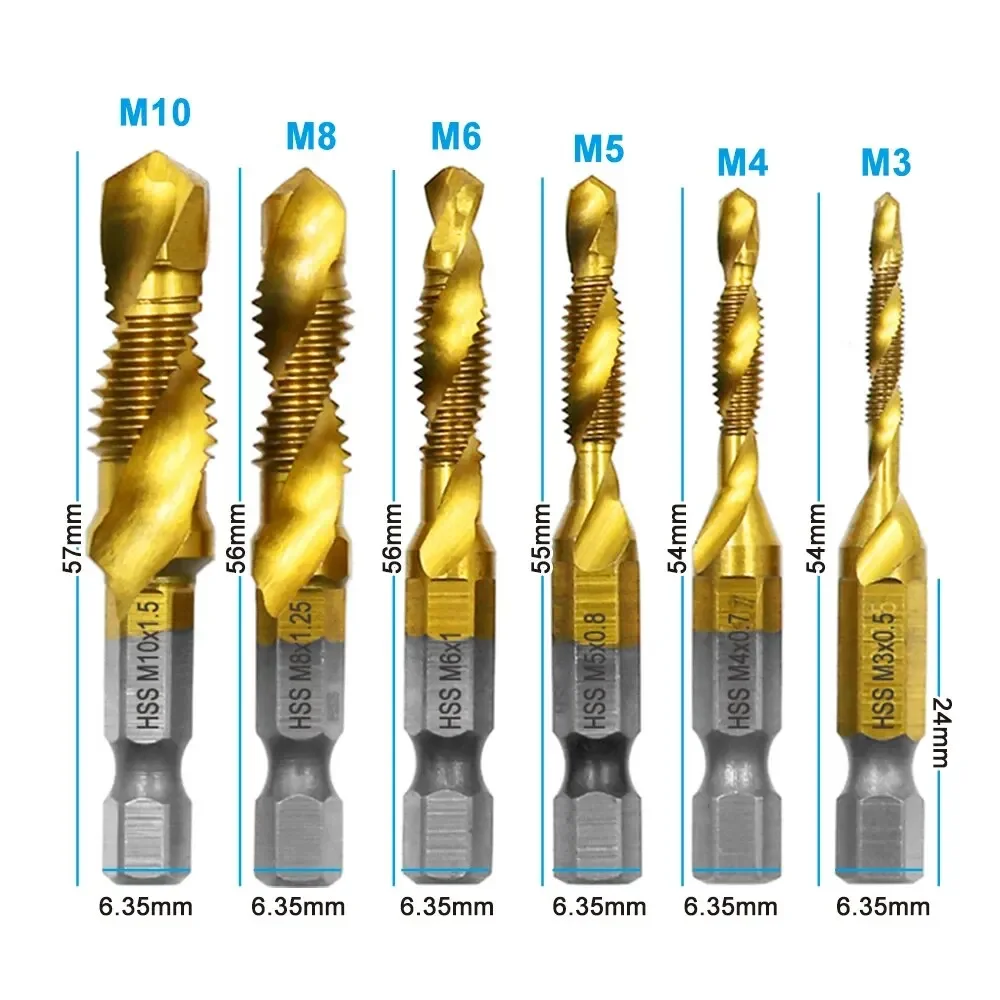 6pc High Speed Steel M3-M10 Titanium Plated Composite Tap Hexagonal Drill and Tap Integrated Tap Machine with Hole Chamfer Tool