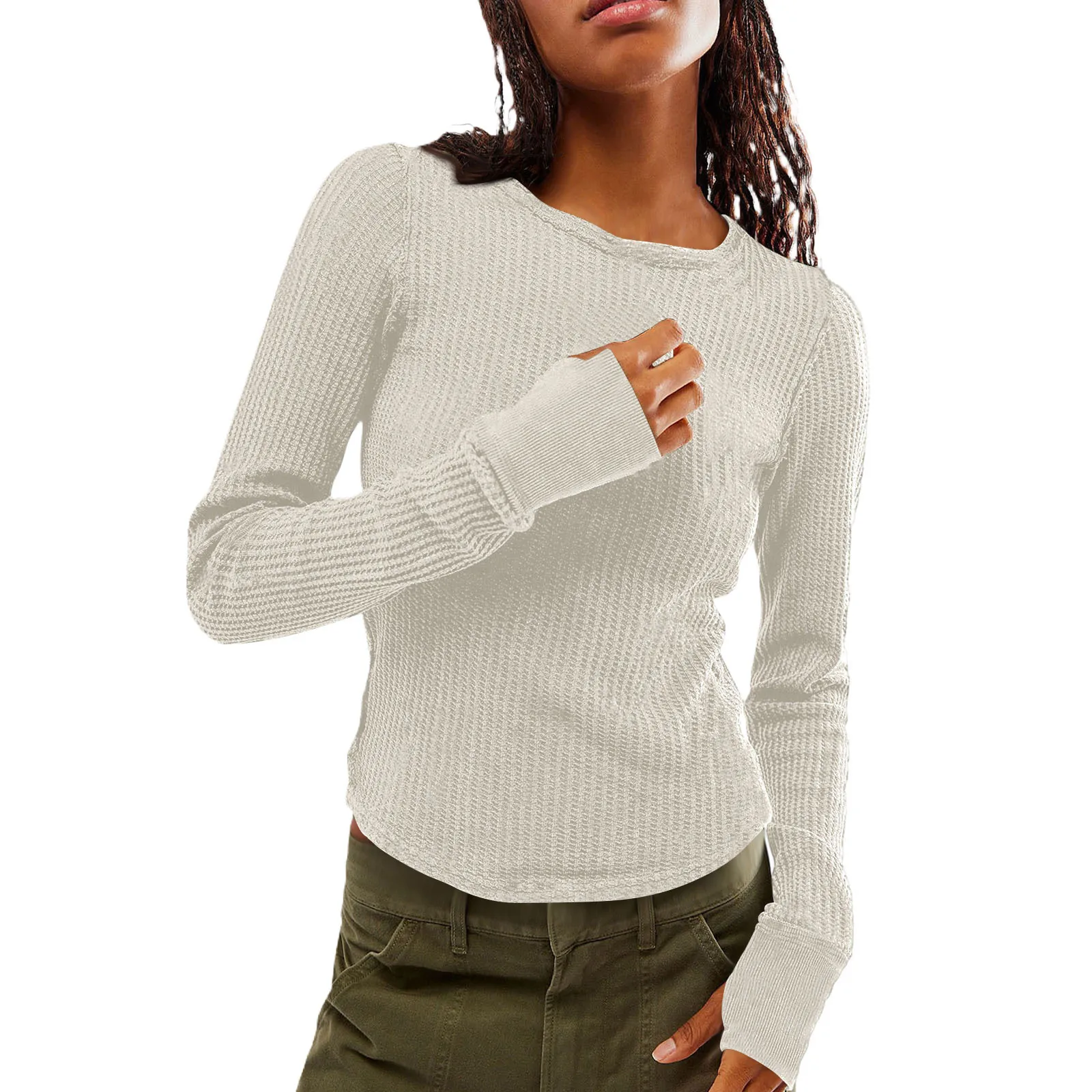 Women'S Solid Bottom Shirt Round Neck T-Shirt Slim Fitting Long Sleeved Waffle Pullover Tops Female Streetwear Casual Base Tees