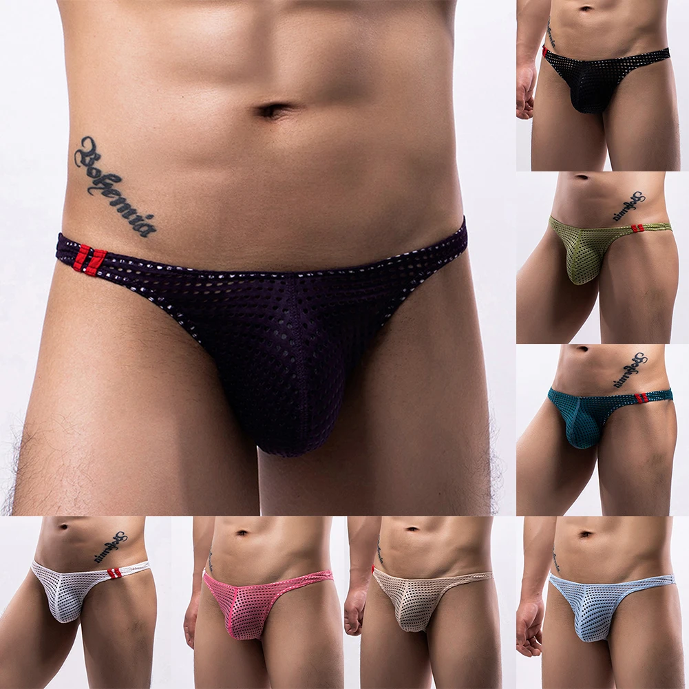 Biquíni de malha baixa para homens, roupa interior masculina, cuecas respiráveis, tangas sexy em bolsa, lingerie erótica, calcinha de banho, 2023