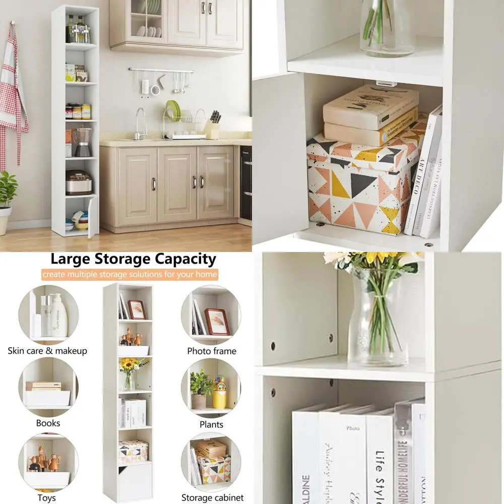 

White Slim 6-Tier Bookcase with Doors, Compact CD/DVD Storage Cabinet, Media Tower Rack for Small Spaces, Home Office Display Sh