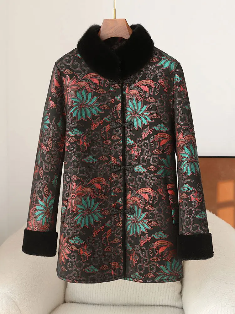 High-end shearling coat for women, mid-length mink collar, wool and fur integrated coat for middle-aged and elderly mothers