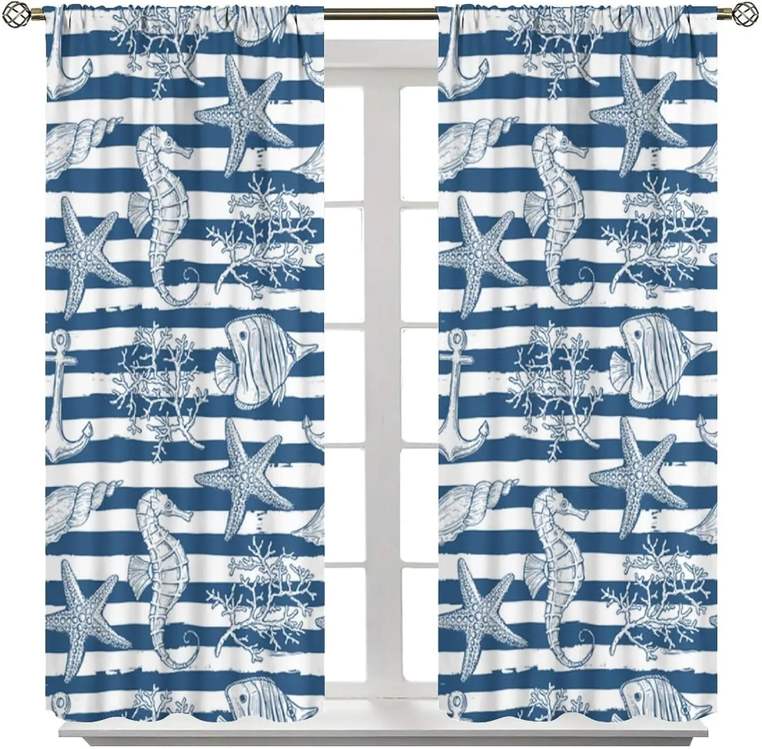 Retro Marine Blackout Curtain Hand Drawn Starfish Coral Seahorse Nautical Map Rod Pocket Panels Soft Coastal Bedroom Window
