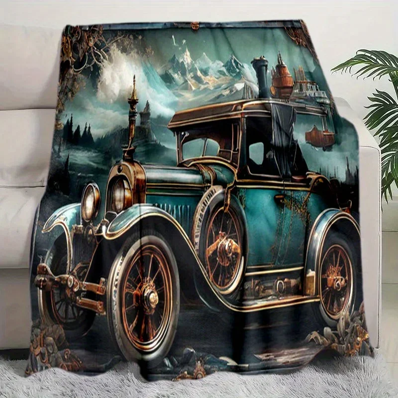 Steam-Punk Automobile Design Flannel printed blanket suitable for all seasons suitable for living room office sofa and travel