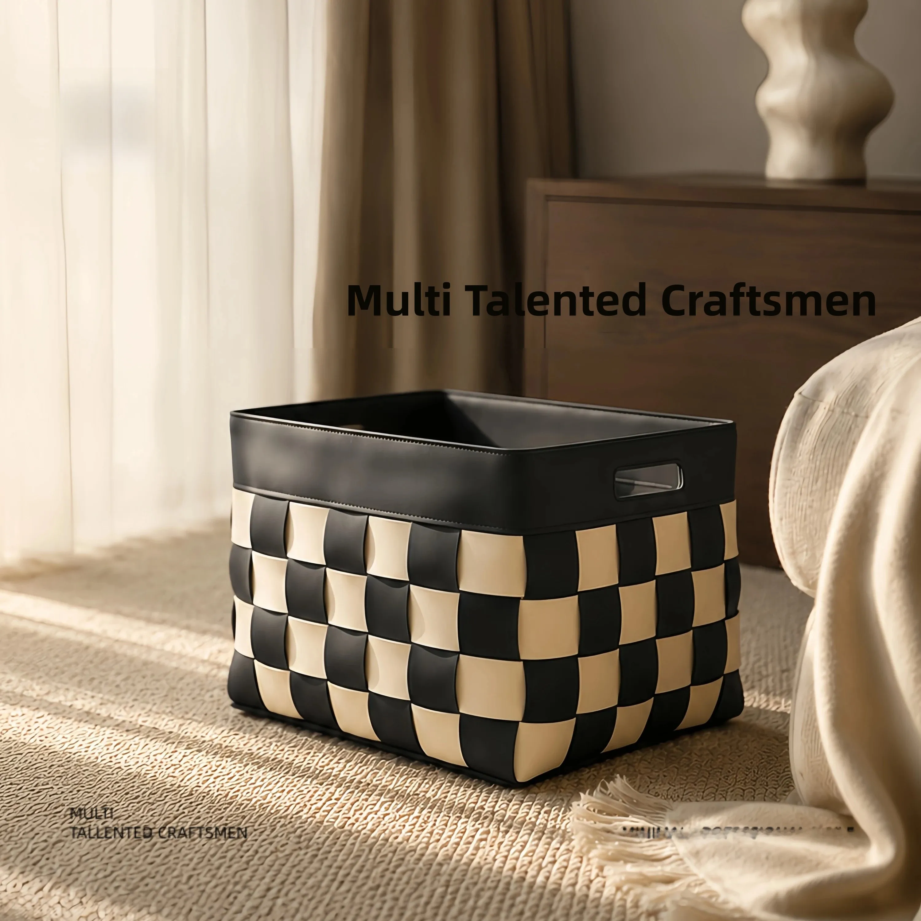 Large Capacity Handheld Knitted Saddle Leather Storage Basket Mar Black White Grid Color Splicing Basket Household Organizer