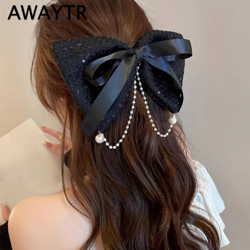 AWAYTR Tassel Elegant Vintage Bow Pearl Chain Hairpins Sweet Hair Decorate Headband Hair Clips For Fashion Hair Accessories