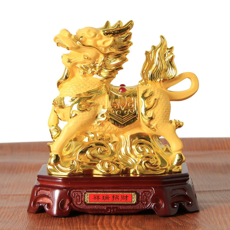 1PCS resin qilin ornaments golden living room office home feng shui decoration opening gift