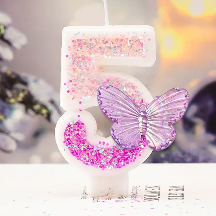 Pink Butterfly Birthday Candle Cake Decoration Colours 3D Number Candles Sparkling Digital Candle Wedding Party DIY Decoration