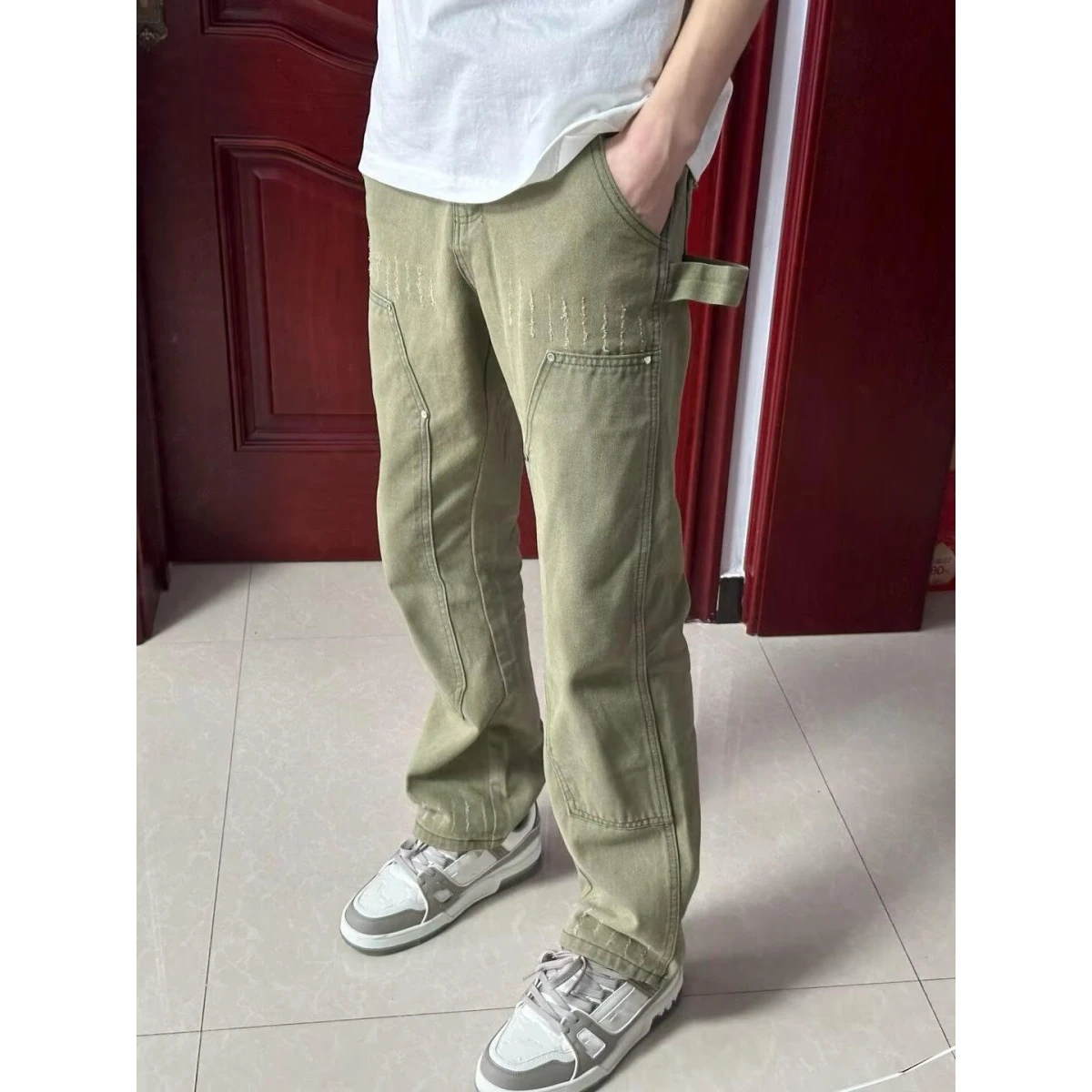 

Свободные прямые американские рабочие брюки с завязками в стиле ретро для мужчин и женщин, уличные повседневные длинные брюки с несколькими кетами, джинсы