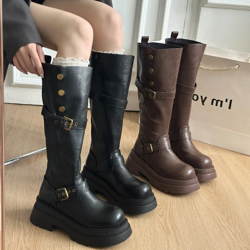 Western cowboy long tube boots for women in autumn and winter 2025  new large walled thick soled stacking boots