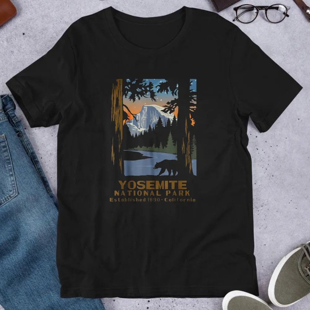 Yosemite National Park Graphic Tee California Bear River Landscape Men Women Fashion Top Leisure Style Cotton Short-sleeve Shirt
