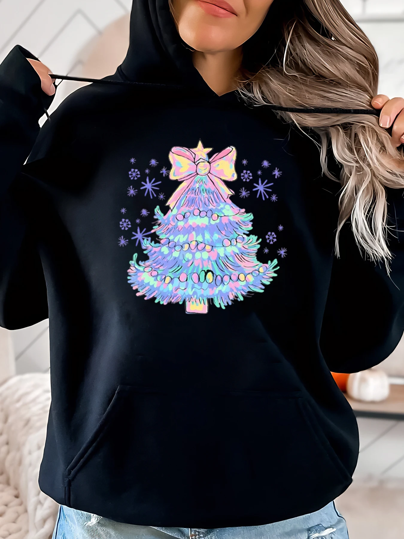 

Christmas Tree Print Holiday Hoodie Women Casual Winter Wear Black Plus-Size