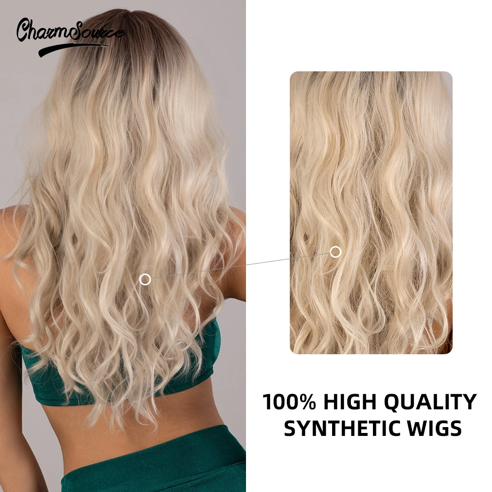 CharmSource Front lace wig White Golden Long Loose wave Middle Part hair Synthetic wigs daily party for Women Heat Resistant