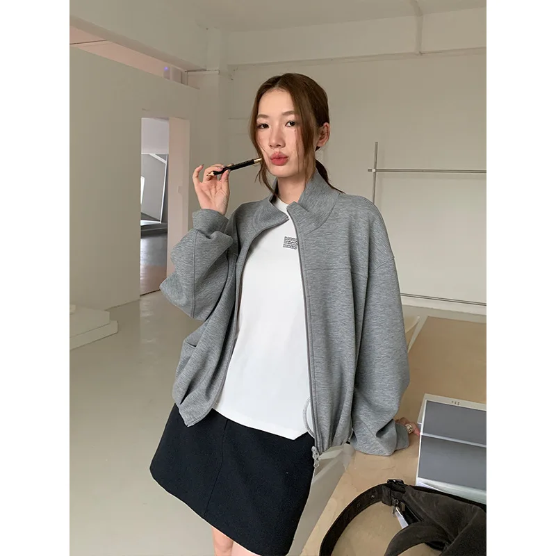 2025 Double Pull Head Stand-up Collar Short Jacket Autumn Simple Daily Commuter Cardigan Sweater Europe and America