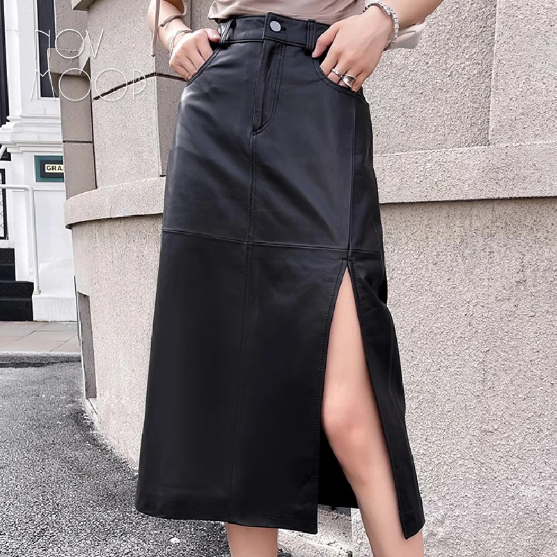 

A-line pencil skirt genuine leather sheepskin with split at side simple chic fashion French style formal wear full season LT3607