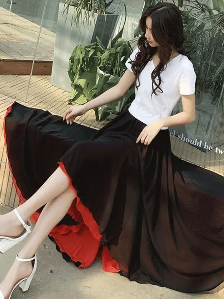 

Summer Women Chiffon Long Skirt A-Line Skirts Women Elastic High Waist Maxi Skirts Elegant Solid Skirts Femme Streetwear L675