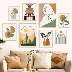 Boho Line Girl Cactus Leaf Flowes Geometric Wall Art Canvas Painting Abstract Posters Prints Pictures For Living Room Home Decor