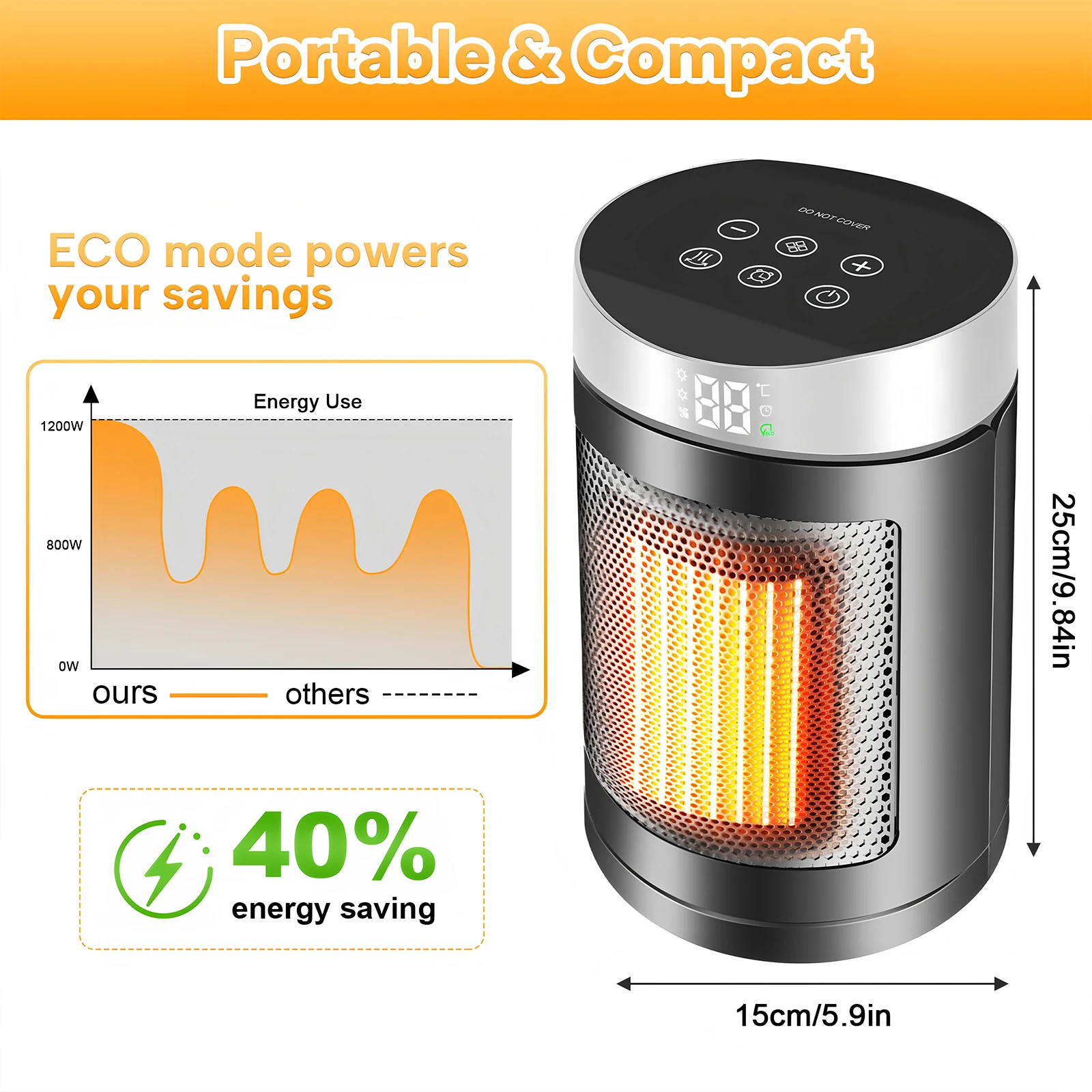 Portable Heater 90° Oscillation 1500W PTC Ceramic Electric Heaters Adjustable Thermostat with Remote 4 Levels for Easy Transport