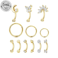 Drperfect 1pc 16G Eyebrow Rings Stainless Steel Belly Lip Cartilage Hoop Rook Daith Earrings Tragus CZ Piercing Curved Barbell