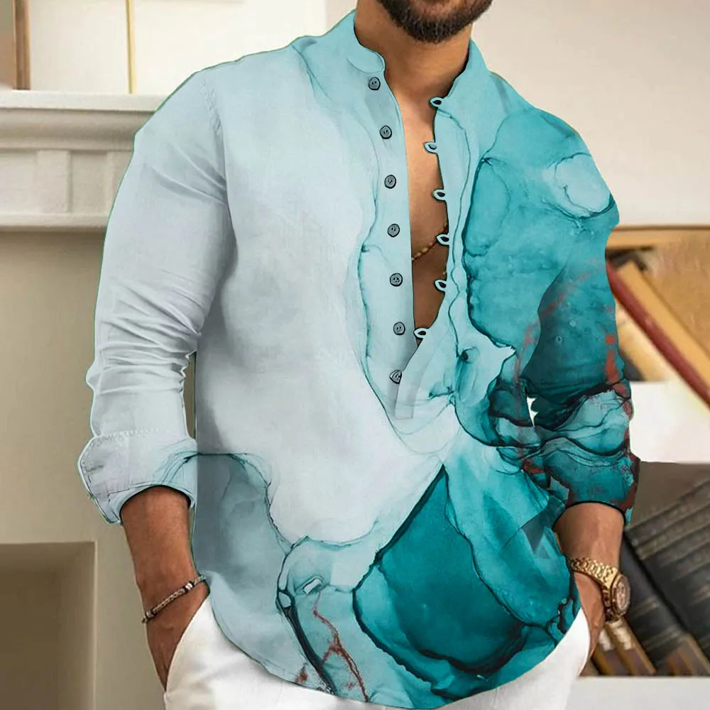 

Men's Casual Thin Long Sleeve Shirt Stand Collar Independent Station Spring Autumn Fashion Popular Loose Fit Printed Cotton L...