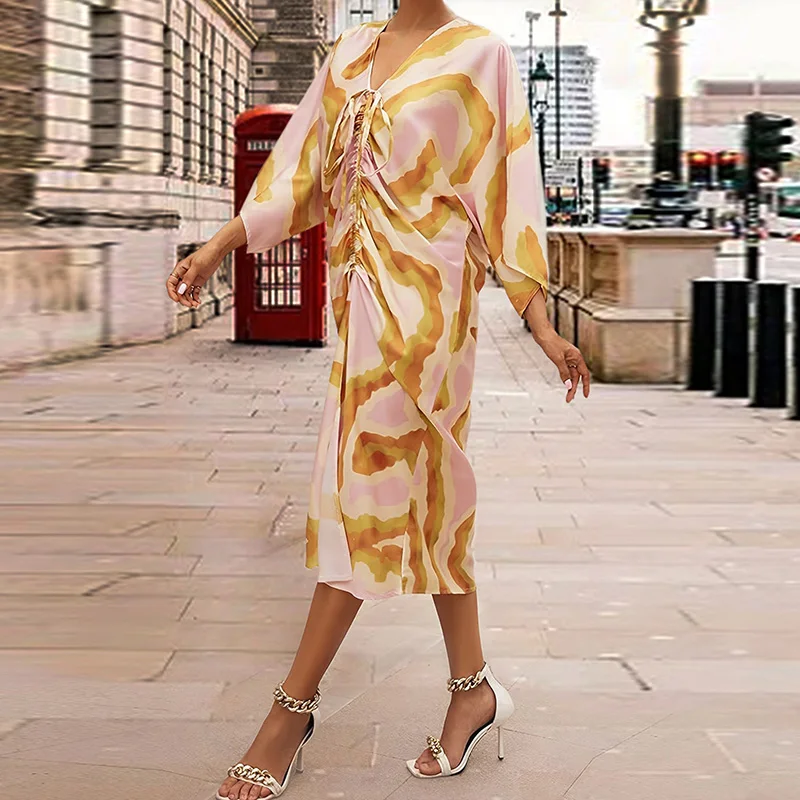 Feminino casual manga morcego bohe vestido de festa moda padrão impressão férias vestidos soltos elegante com decote em v cordão tie-up vestido longo