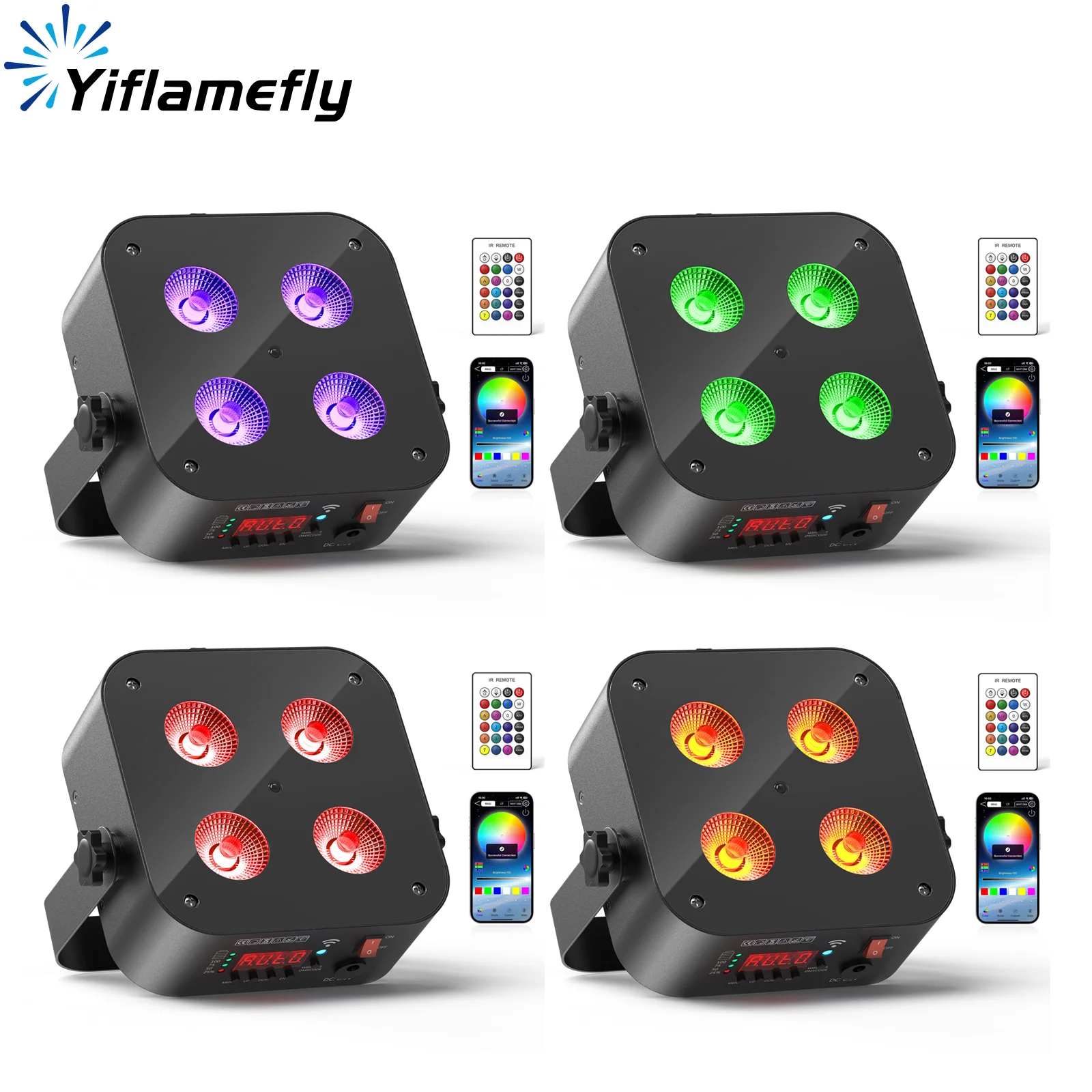 

Yiflamefly 4Pcs Mini Rechargeable LED Par Lights 4X18W RGBWAUV Battery Powered Stage Lights APP&Wireless DMX Control&Remotes