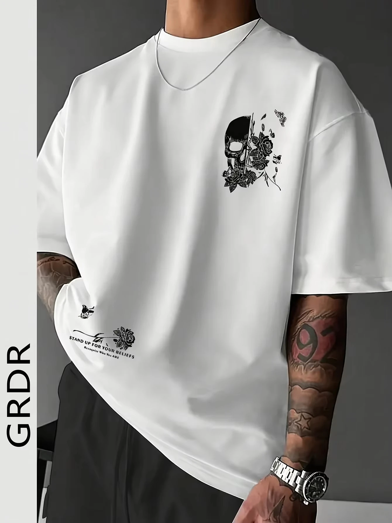 2026 Autumn New Men's Cotton Casual Fashion Skull Rose Pattern Printed Loose Sport Round Neck Short Sleeve T-shirt Large