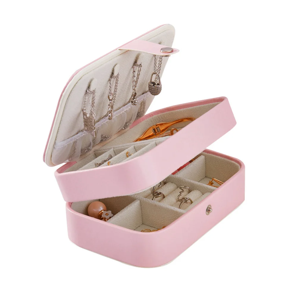 PU Mini Jewelry Box Double Layer Circular Bead Retro Design Portable Jewelry Storage Box for Women Travel Gift Pink