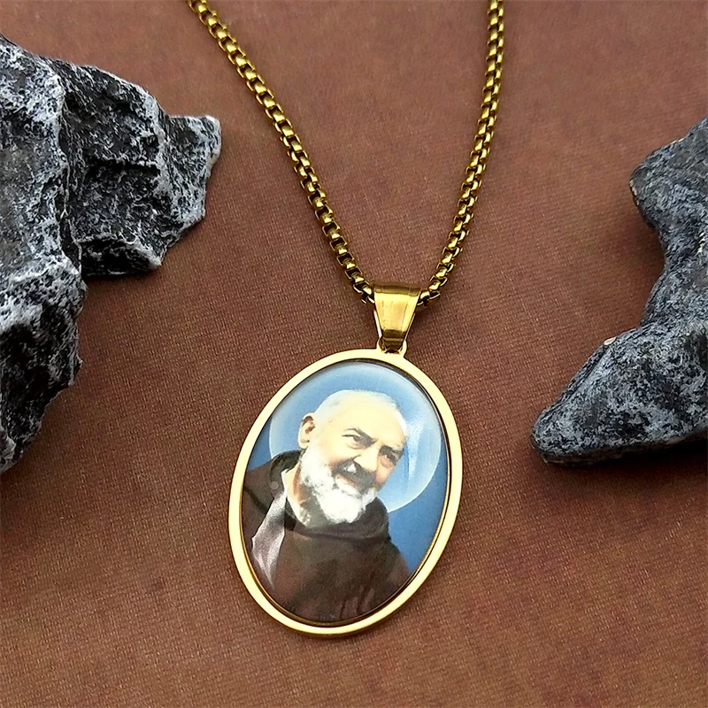 الكاثوليكية بادري بيو سانت الأب ميدالية قلادة قلادة للنساء الرجال الفولاذ المقاوم للصدأ الذهب اللون الدينية تميمة مجوهرات هدية #5