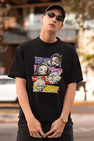Demon Slayer Tanjiro Nezuko, Inosuke &amp; Zenitsu Grid Graphic T-Shirt Anime Character Collage Cotton Tee for Men &amp; Kids Top