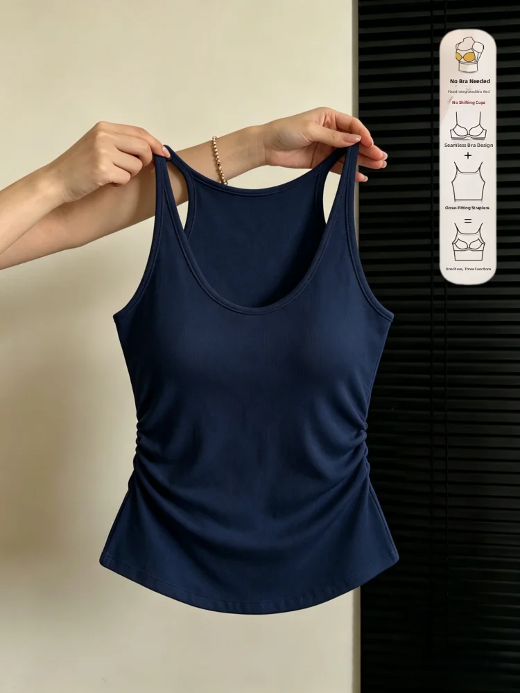 Women's Cotton Blend Tank Top with Chest Pad Summer Simple Style Inner Wear Base Layer Folded Waist Slimming Backless Shirt