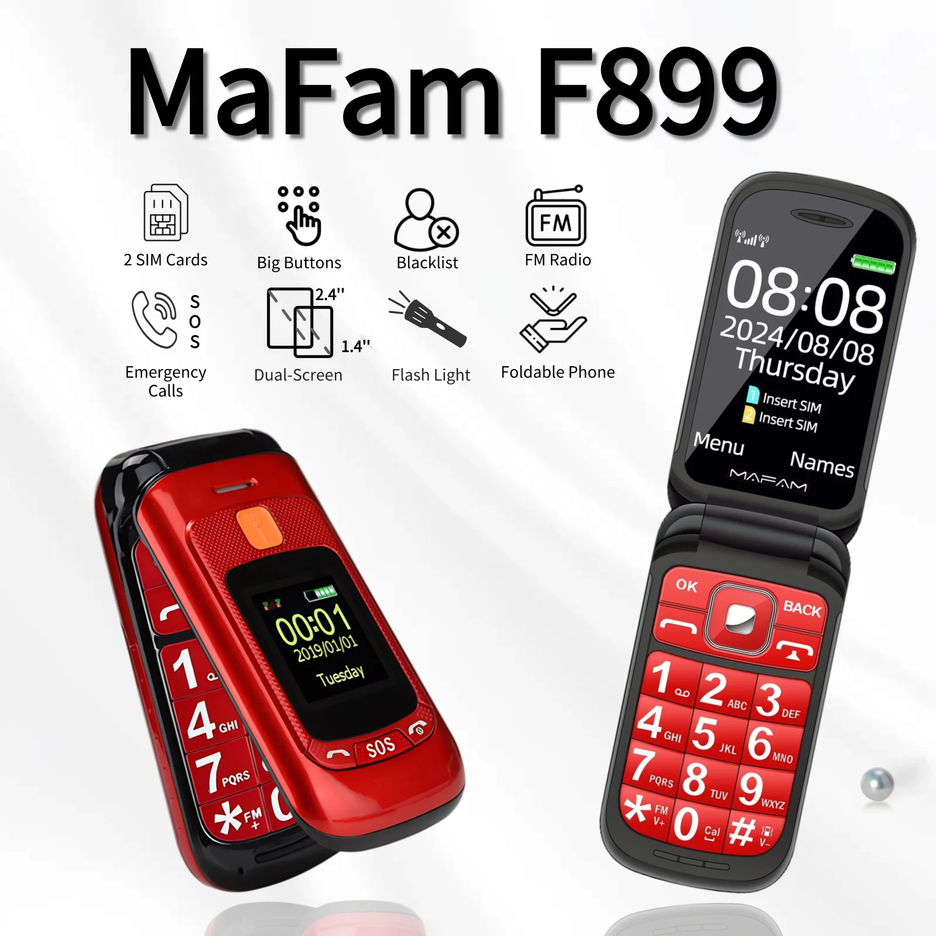 Mafam F899 Cover Folded Senior Mobile Phone Dual Display SOS Key Fast Quick Call Big Screen Torch Russian Key Loud Sound FM Easy